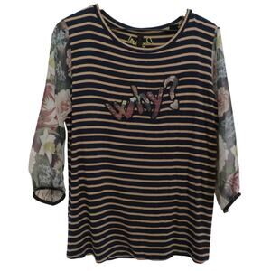 Desigual Womens Sz XXL Navy Tan Striped Floral Mesh Sleeve Top Mixed Fabrics